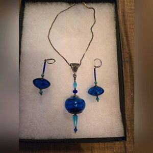 Blown Glass Blue Bauble Pierced Earrings And Necklace